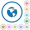 Earth flat color vector icons with shadows in round outlines on white background - Earth icons with shadows and outlines