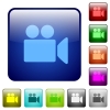 Video camera color square buttons - Video camera icons in rounded square color glossy button set