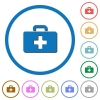 First aid kit icons with shadows and outlines - First aid kit flat color vector icons with shadows in round outlines on white background