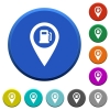 Gas station GPS map location round color beveled buttons with smooth surfaces and flat white icons - Gas station GPS map location beveled buttons