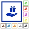 Gifting flat color icons in square frames on white background - Gifting flat framed icons