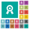Award with ribbons multi colored flat icons on plain square backgrounds. Included white and darker icon variations for hover or active effects. - Award with ribbons square flat multi colored icons