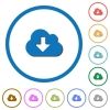 Cloud download icons with shadows and outlines - Cloud download flat color vector icons with shadows in round outlines on white background