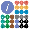 Italic font type multi colored flat icons on round backgrounds. Included white, light and dark icon variations for hover and active status effects, and bonus shades on black backgounds. - Italic font type round flat multi colored icons