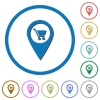 Department store GPS map location flat color vector icons with shadows in round outlines on white background - Department store GPS map location icons with shadows and outlines