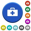 First aid kit beveled buttons - First aid kit round color beveled buttons with smooth surfaces and flat white icons