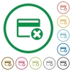 Cancel credit card flat icons with outlines - Cancel credit card flat color icons in round outlines on white background