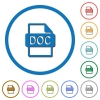 DOC file format icons with shadows and outlines - DOC file format flat color vector icons with shadows in round outlines on white background