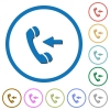 Incoming phone call flat color vector icons with shadows in round outlines on white background - Incoming phone call icons with shadows and outlines