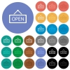 Open sign round flat multi colored icons - Open sign multi colored flat icons on round backgrounds. Included white, light and dark icon variations for hover and active status effects, and bonus shades on black backgounds.