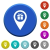 Gift shop GPS map location beveled buttons - Gift shop GPS map location round color beveled buttons with smooth surfaces and flat white icons