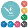 Signing Ruble cheque flat white icons on round color backgrounds - Signing Ruble cheque flat round icons