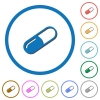 Pill icons with shadows and outlines - Pill flat color vector icons with shadows in round outlines on white background