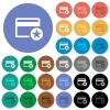 Primary credit card multi colored flat icons on round backgrounds. Included white, light and dark icon variations for hover and active status effects, and bonus shades on black backgounds. - Primary credit card round flat multi colored icons