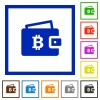 Bitcoin wallet flat framed icons - Bitcoin wallet flat color icons in square frames on white background