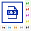 DNG file format flat framed icons - DNG file format flat color icons in square frames on white background