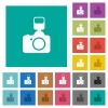 Camera with flash multi colored flat icons on plain square backgrounds. Included white and darker icon variations for hover or active effects. - Camera with flash square flat multi colored icons