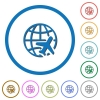 World travel flat color vector icons with shadows in round outlines on white background - World travel icons with shadows and outlines