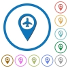 Airport GPS map location icons with shadows and outlines - Airport GPS map location flat color vector icons with shadows in round outlines on white background