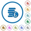 Pound coins flat color vector icons with shadows in round outlines on white background - Pound coins icons with shadows and outlines