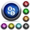 Yen Dollar money exchange round glossy buttons - Yen Dollar money exchange icons in round glossy buttons with steel frames