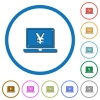 Laptop with yen sign icons with shadows and outlines - Laptop with yen sign flat color vector icons with shadows in round outlines on white background