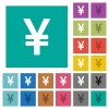 Japanese Yen sign multi colored flat icons on plain square backgrounds. Included white and darker icon variations for hover or active effects. - Japanese Yen sign square flat multi colored icons