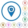 Fire station GPS map location flat color vector icons with shadows in round outlines on white background - Fire station GPS map location icons with shadows and outlines