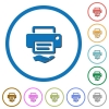 Shared printer icons with shadows and outlines - Shared printer flat color vector icons with shadows in round outlines on white background