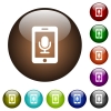 Mobile recording color glass buttons - Mobile recording white icons on round color glass buttons