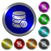 Database programming icons on round luminous coin-like color steel buttons - Database programming luminous coin-like round color buttons