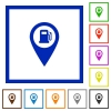 Gas station GPS map location flat color icons in square frames on white background - Gas station GPS map location flat framed icons