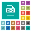 DNG file format multi colored flat icons on plain square backgrounds. Included white and darker icon variations for hover or active effects. - DNG file format square flat multi colored icons