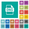 DNG file format square flat multi colored icons - DNG file format multi colored flat icons on plain square backgrounds. Included white and darker icon variations for hover or active effects.