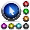 Mouse cursor icons in round glossy buttons with steel frames - Mouse cursor round glossy buttons