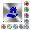 Home insurance rounded square steel buttons - Home insurance engraved icons on rounded square glossy steel buttons