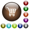 Shopping cart color glass buttons - Shopping cart white icons on round color glass buttons