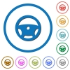 Steering wheel flat color vector icons with shadows in round outlines on white background - Steering wheel icons with shadows and outlines