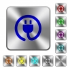 Rolled power cord rounded square steel buttons - Rolled power cord engraved icons on rounded square glossy steel buttons