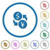 Dollar Yen money exchange flat color vector icons with shadows in round outlines on white background - Dollar Yen money exchange icons with shadows and outlines