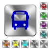 Bus engraved icons on rounded square glossy steel buttons - Bus rounded square steel buttons