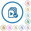 Playlist done flat color vector icons with shadows in round outlines on white background - Playlist done icons with shadows and outlines