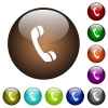 Telephone call color glass buttons - Telephone call white icons on round color glass buttons