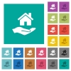 Home insurance multi colored flat icons on plain square backgrounds. Included white and darker icon variations for hover or active effects. - Home insurance square flat multi colored icons