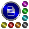 TXT file format icons on round luminous coin-like color steel buttons - TXT file format luminous coin-like round color buttons