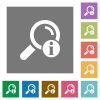 Search result information flat icons on simple color square backgrounds - Search result information square flat icons