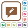 writing comment simple icons in color rounded square frames on white background - writing comment simple icons