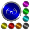 Eyeglasses icons on round luminous coin-like color steel buttons - Eyeglasses luminous coin-like round color buttons