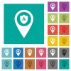 Fire station GPS map location multi colored flat icons on plain square backgrounds. Included white and darker icon variations for hover or active effects. - Fire station GPS map location square flat multi colored icons
