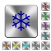 Single snowflake engraved icons on rounded square glossy steel buttons - Single snowflake rounded square steel buttons